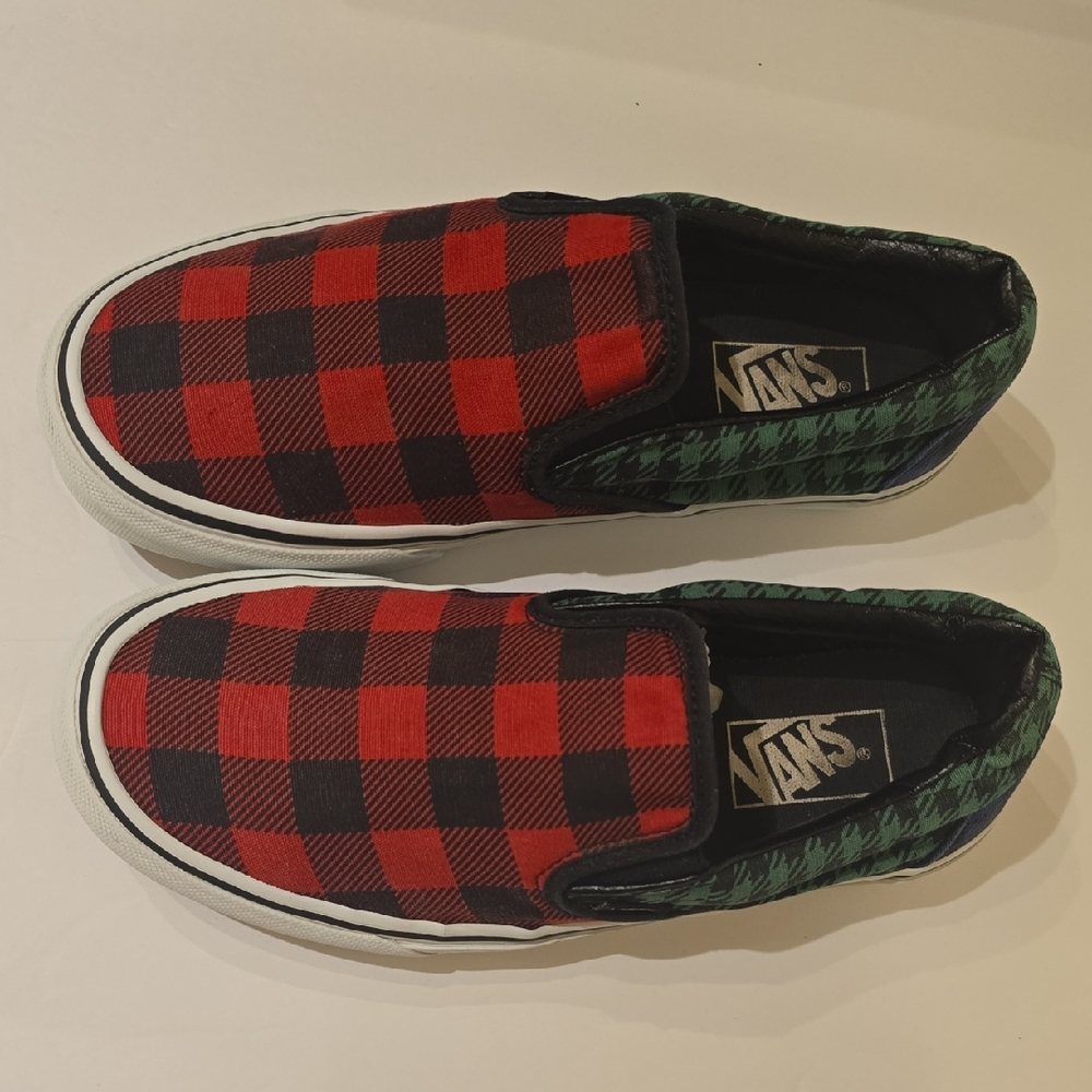 Vans Red and Green Plaid Slip-On Sneakers